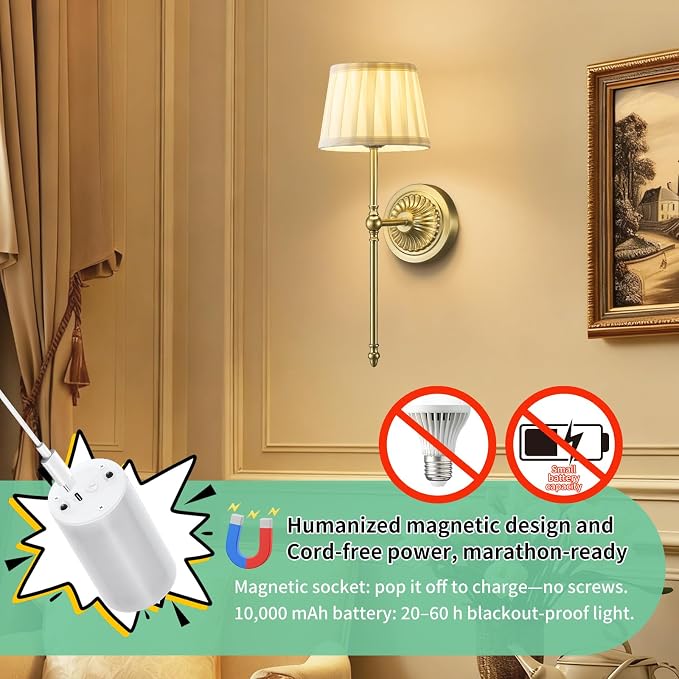 Cordless Wall Sconces Set of 2,10000mAh Small Wireless Battery Operated Wall Sconces Set of Two with RGB LED, Remote, Timer & Dimmable Fabric Gold Wall Lamps for Bedroom, Living Room, Hallway (Gold)