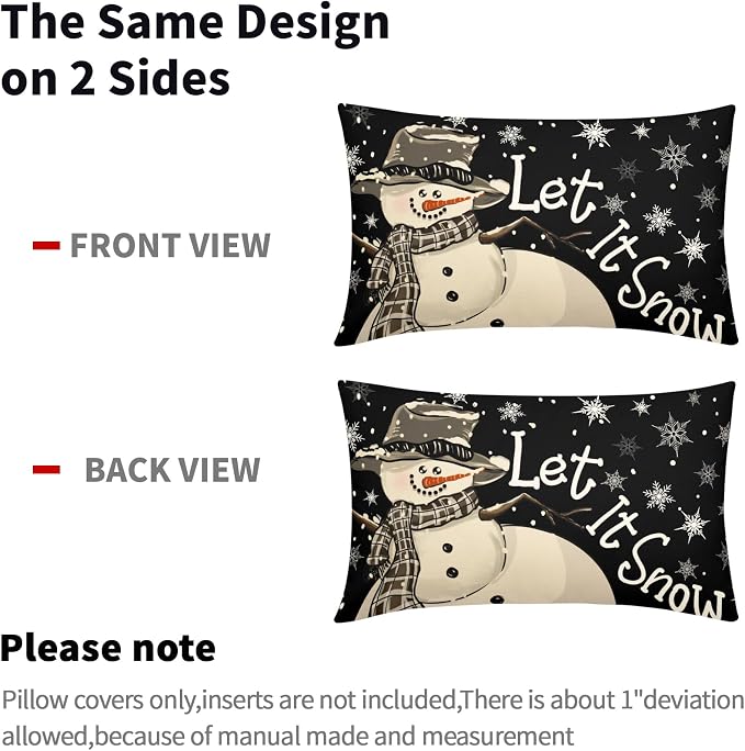 Christmas Black Lumbar Pillow Covers 12X20 Inch Set of 2 Xmas Snowman Snowflake Decorative Pillow Cases Winter Holiday Cotton Linen Cushion Case Modern Home Decor for Sofa Couch Bedroom