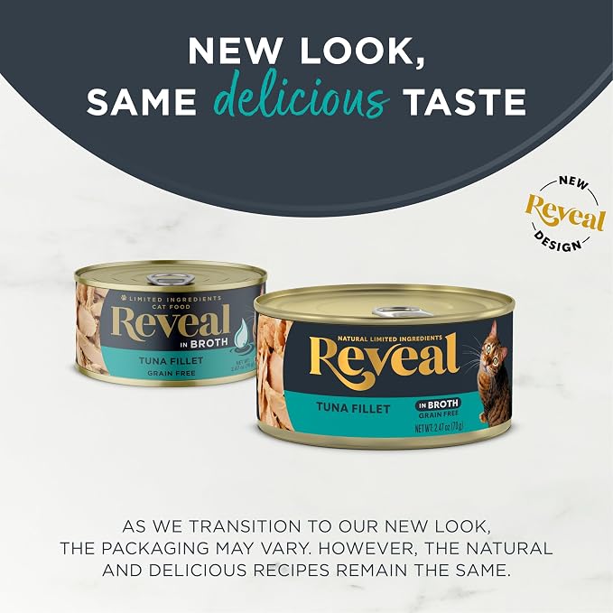 Reveal Natural Wet Cat Food,Grain Free,Limited Ingredient Canned Food for Cats,Tuna Fillet in Broth,2.47 oz Cans,(Pack of 48)