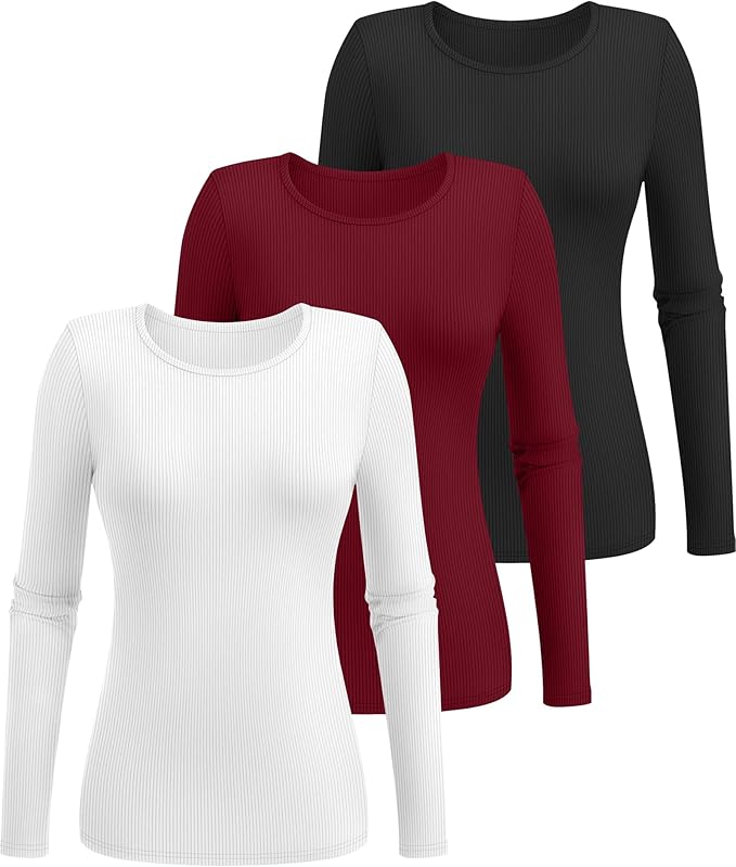 Ficerd 3 Pack Women's Ribbed Long Sleeve Tops, Crew Neck Slim Fit Undershirts Knit Basic Casual Stretch Layering Tee Shirts