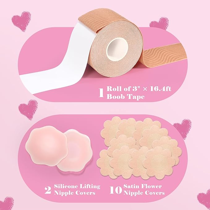 Boob Tape Kit - Boobtape for Breast Lift with Petals and Covers, Breathable Sticky Adhesive Bra Tape, Push Up Boobytape for Large Breasts A-G Cup Beige
