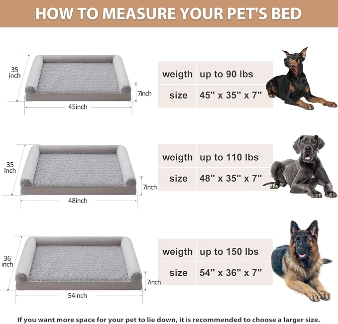 BFPETHOME Orthopedic Washable XXL Dog Bed for Senior Dog Cozy Sleep | Extra Large Waterproof Big Soft Pet Couch Bed for Dogs Relax with Removable Cover Supportive Foam Light Grey 54x36 Inch