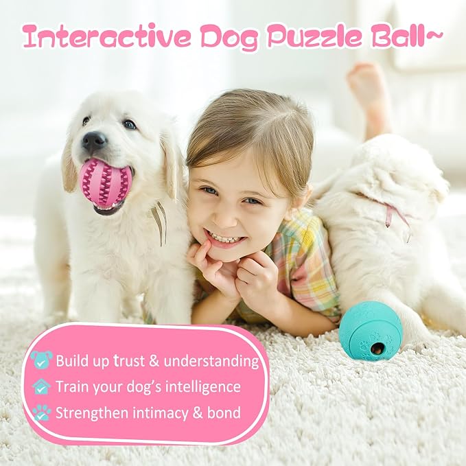 HIPPIH Dog Puzzle Toy 2 Pack, Interactive Dog Toys for Treat Dispensing | Durable Puppy Enrichment Toys, Dog Treat Ball for Teething, Slow Feeder, IQ Training, Pink-2.75'', Green-3.14''