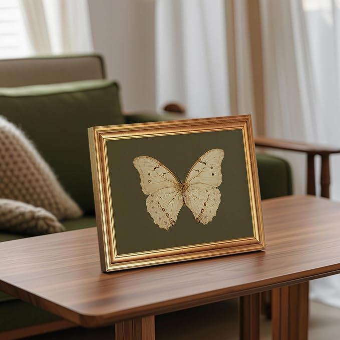 JLTULT Gold Framed Butterfly Wall Art, Dark Green Canvas, 8 x 10 Inches | Ivory butterfly art on fade-resistant dark green canvas with a ready-to-hang gold-tone PS frame for bedrooms and offices