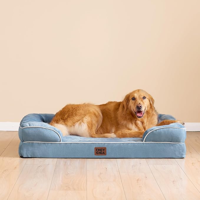 EHEYCIGA Orthopedic Dog Beds Large Sized Dog, Waterproof Washable Pet Bed | Non-Slip Bottom and Egg-Crate Memory Foam Dog Couch Bed with Washable Removable Cover, Washed Blue