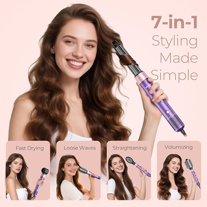 Vincofy 7-in-1 Hair Dryer Brush and Hair Styler Set – Fast Drying, Curling, Straightening & Volumizing – Hot Air Styling Tool with No Heat Damage – for All Hair Types – Purple