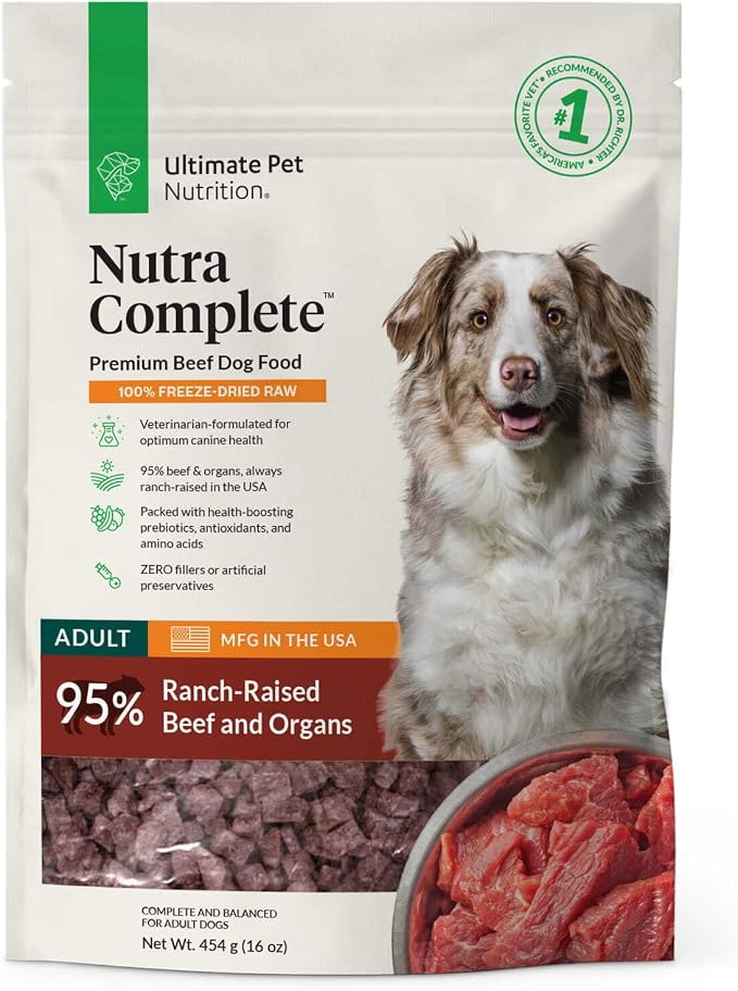 ULTIMATE PET NUTRITION Nutra Complete, 100% Freeze Dried Veterinarian Formulated Raw Dog Food with Antioxidants Prebiotics and Amino Acids, (1 Pound, Beef)