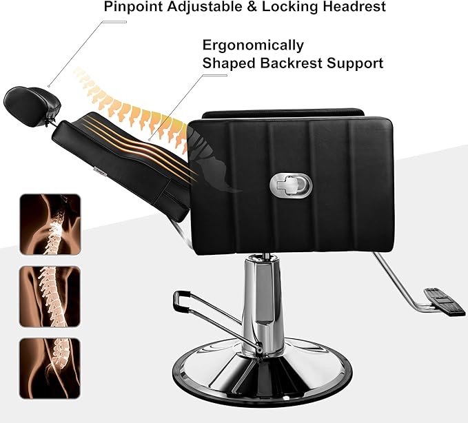 Baasha Reclining Black Salon Chair with Adjustable Headrest, All-Purpose Hydraulic Styling Chair, Soft PU Leather, Heavy-Duty Steel Frame, 440 lbs Capacity, for Haircut, Braiding & Tattoo
