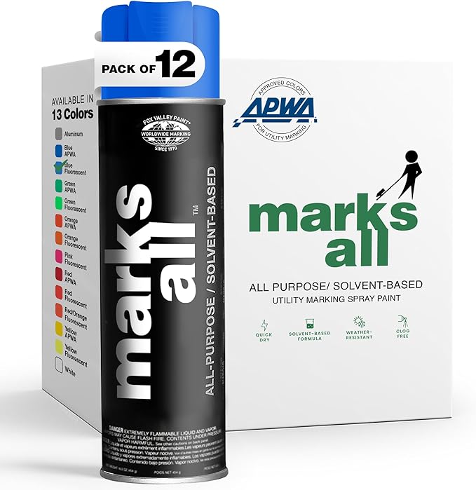 Fox Valley 18oz Marks All Solvent-Based Marking Paint Spray, 12-Pack Blue Fluorescent – Long-Lasting, Weather-Resistant Spray Paint for Wet or Dry Surfaces Like Metal, Grass, Concrete, Wood, & More