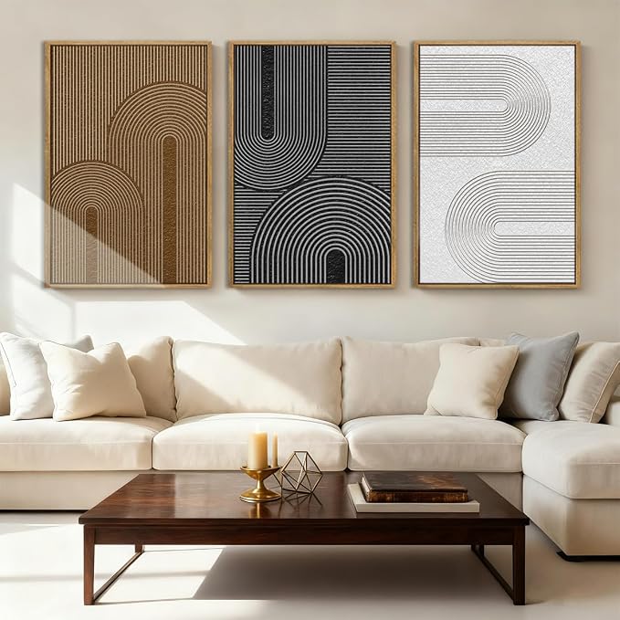 Extra Large Abstract Modern Wall Art Framed Dark Wall Painting Neutral Print Decor for Living Room Bedroom 24x36 Inches Set of 3