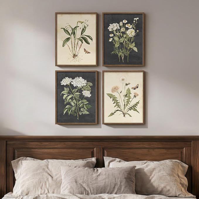 Framed Vintage Botanical Floral Wall Art for Bedroom, 4 Piece 11x14 In | Farmhouse wall decor, Flower pictures, Rustic retro paintings, Ready to hang canvas prints, Kitchen bedroom living room decor