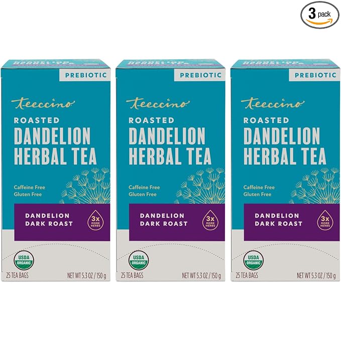 Teeccino Dark Roast Dandelion Tea - Rich & Roasted Herbal Tea That’s Caffeine Free & Prebiotic with Detoxifying Dandelion Root, 25 Tea Bags (Pack of 3)