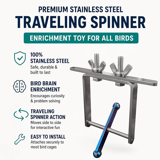 Bird Toys for Large Birds (Blue Spinner) Stainless Steel Bird Toy with Traveling Spinner | Macaw Toys | Durable Puzzle Enrichment Toy for Medium to Large Birds Cockatoos Parrot | Bird Cage Accessories