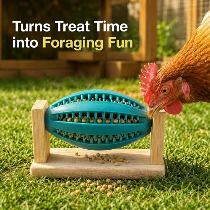Chicken Treat Dispenser Toy for Coop and Run, 5.5 in Rotating Treat Ball with Wooden Stand, Slow Feeder Foraging Toy for Hens and Backyard Chickens