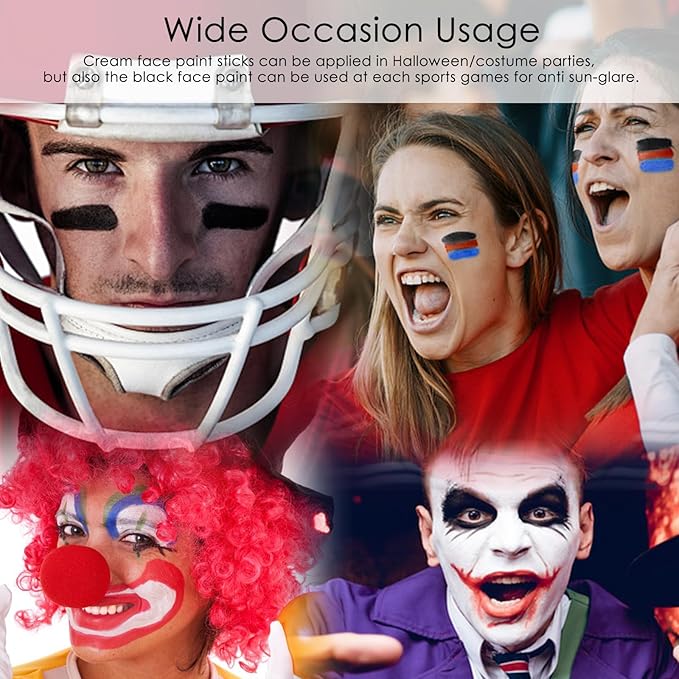 3 Colors Blue Black Red Face & Body Paint Stick, Eye Black Baseball Sticks for Baseball/Football/Halloween Accessories Vampire/Joker/Clown Makeup Cream Easy to Blend