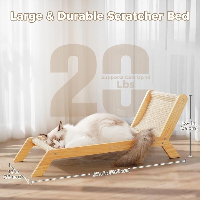 Avont Sisal Cat Scratcher Bed for Indoor Cats, Solid Wood Scratching Lounge | No-Mess Cat Chair Couch Horizontal Scratcher - Extra Large