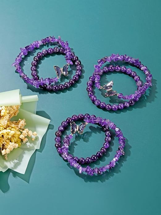Top Plaza Amethyst Bracelet Healing Crystal Stone Bracelet for Women 8mm Crystal Beads Butterfly Charms Stretch Bracelet Handmade Energy Gemstone Bracelet Jewelry