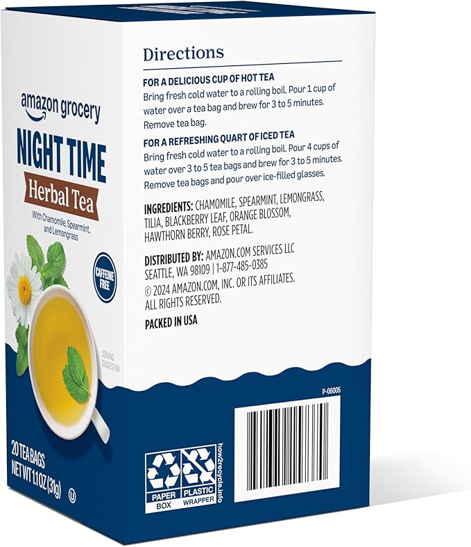 Amazon Grocery, Night Time Herbal Tea, Caffeine Free, 1.1 Oz, 20 Ct
