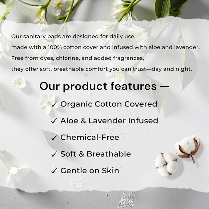 b.pure 100% Organic Cotton Herbal Overnight Feminine Pads with Wings | Chemical Free | Lavender & Aloe Infused | Heavy Flow | 24-Count