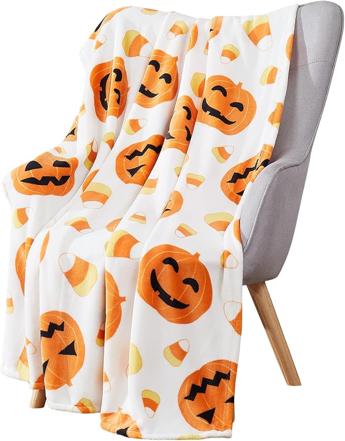 Halloween Fleece Throw Blanket, Jack-O'-Lanterns with Candy Corn, 50x70 in | Ultra-soft cozy flannel fleece, for sofa couch bed chair & dorms, spooky Halloween décor, durable and machine washable.