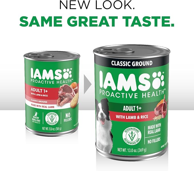 IAMS Proactive Health Ground Wet Dog Food, Lamb & Rice, 13 oz, 12 pack | Real lamb, supports whole-body health, Omega-6 for skin & coat, no fillers or artificial flavors, 100% complete & balanced