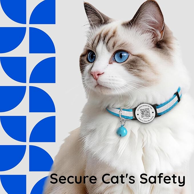 Breakaway Cat Collar QR Code, Reflective Bell, Adjustable Kitten, Blue