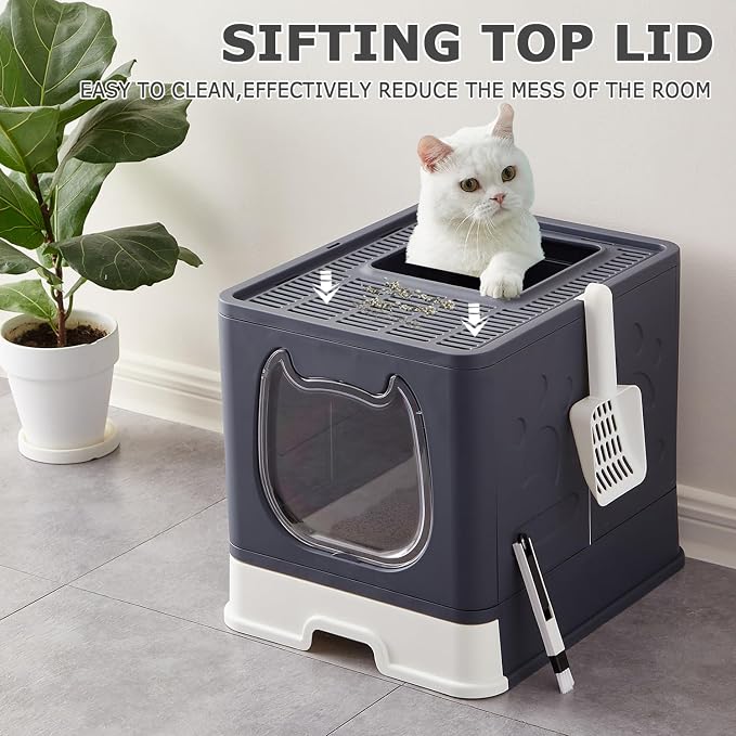 Cat Litter Box with Lid, Foldable Enclosed Covered Top Entry Kitten Litter Boxes for Growing Cats, Drawer Type Kitty Toilet with in/Out Front Door