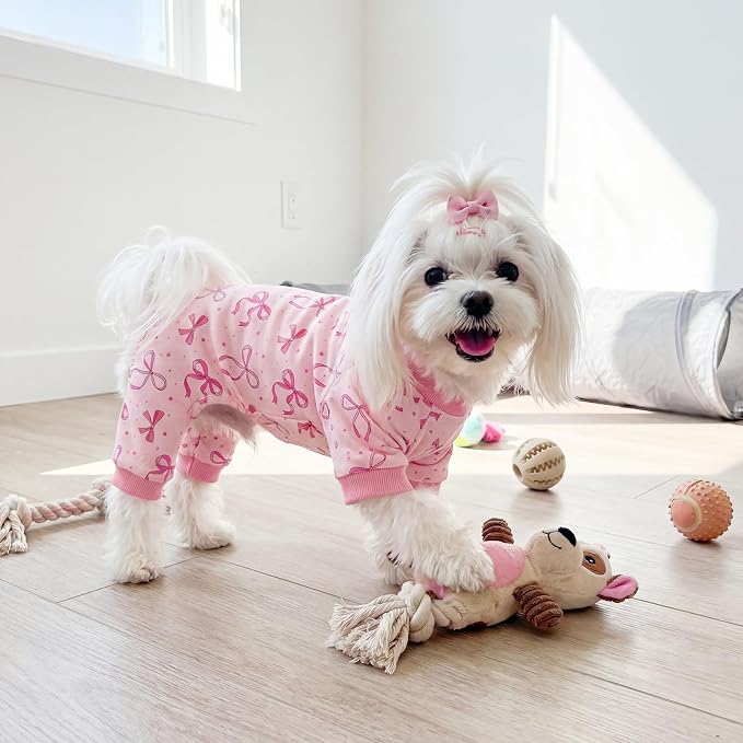Dog Pajamas for Small Medium Dogs Pjs Pink Bow Dog Onesie Breathable Puppy Pj Pet Stretchy Soft Sleepwear for Spring Summer Costume-XL