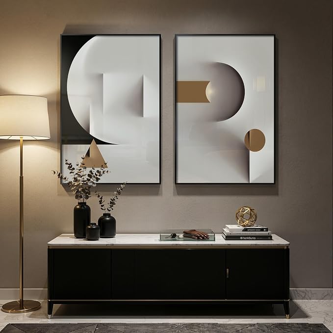 Large Framed Modern Elegant Abstract Wall Art, 2 Piece Black White Gold Geometric Prints Paintings Artwork for Walls, Minimalist Wall Pictures for Living Room Dining Bedroom Hallway Wall Decor 24x36 In