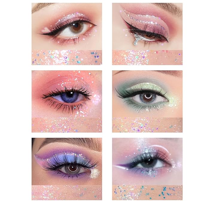 BONNIE CHOICE 6Pcs Liquid Glitter Eyeshadow Eyeliner, Korean Makeup Glitter Shinning Eye Liner Long Lasting Quick Drying Pigmented Loose Bling Under Eye Shadow Makeup Valentine's Day Gifts for Women