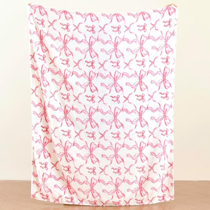Pink Bow Throw Blanket –Spring Mother's Day Soft Fleece Blanket for Girls and Women, Coquette Aesthetic Room Decor for Bed, Couch, Chair, Preppy Bedroom or Gift, Cute Pink Bow Decor Blanket