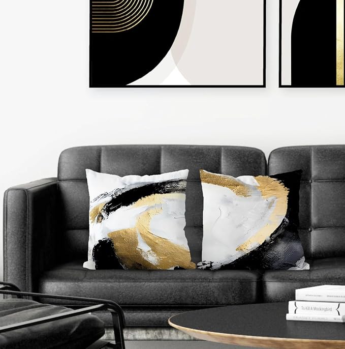 Abstract Black White and Gold Pillow Covers 24x24 Set of 2 - Modern Pillow Covers, Modern Home Decor, Black and Gold Decorative Pillows Cover for Couch Living Room Bedroom