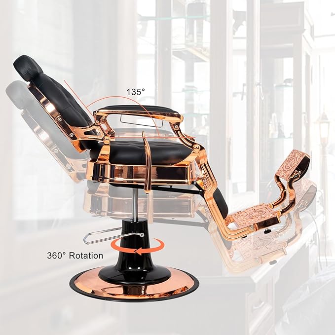 Winado Heavy Duty Vintage Recline Barber Chair Hydraulic with Headrest, Supports up to 700lbs & 360° Rotatable, Professional Salon Beauty Spa Shampoo Equipment (Rose Gold - Button Style)