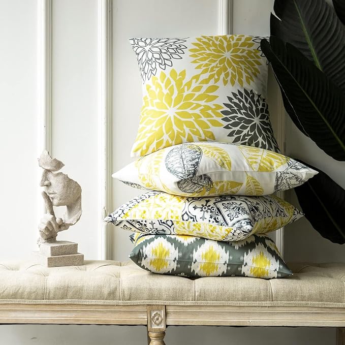 Phantoscope Set of 4 New Living Series Yellow and Grey Decorative Throw Pillow Case Cushion Cover 20 x 20 inches 50 x 50 cm