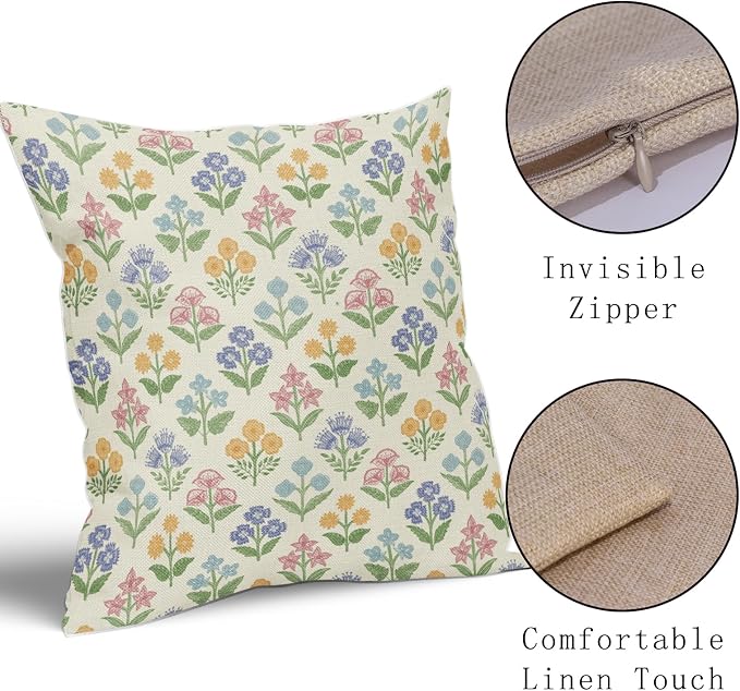 Spring Floral Easter Block Print Pillow Covers 22x22 Inch Set of 2, Pink Yellow Blue Purple Flower Holiday Decorative Throw Pillowcases Outdoor Farmhouse Cushion Covers Sofa Couch Bed Decor