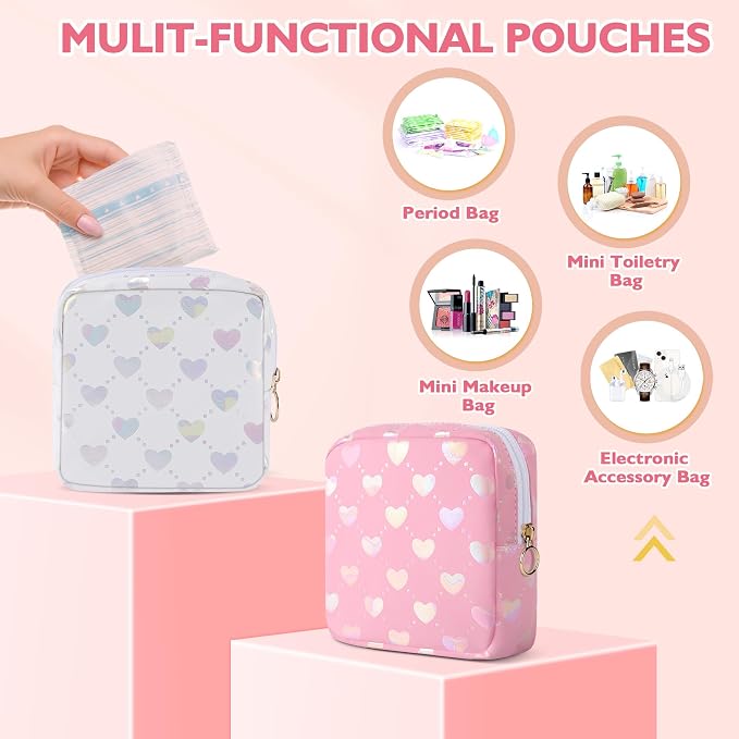 Likesing Period Bag Pouch, Leather Sanitary Napkin Storage Bag for Girls Womens, Portable Sanitary Napkin Period Pad Pouch Bag for Purse, Small Make Up Bags(Pink LOVE)