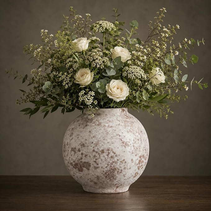Ceramic Flower Vase, 5.5 Inch Round Textured Vase for Home Decor | Handmade ceramic vase with unique textured design, perfect for living room shelves, tables, centerpieces and farmhouse decor.