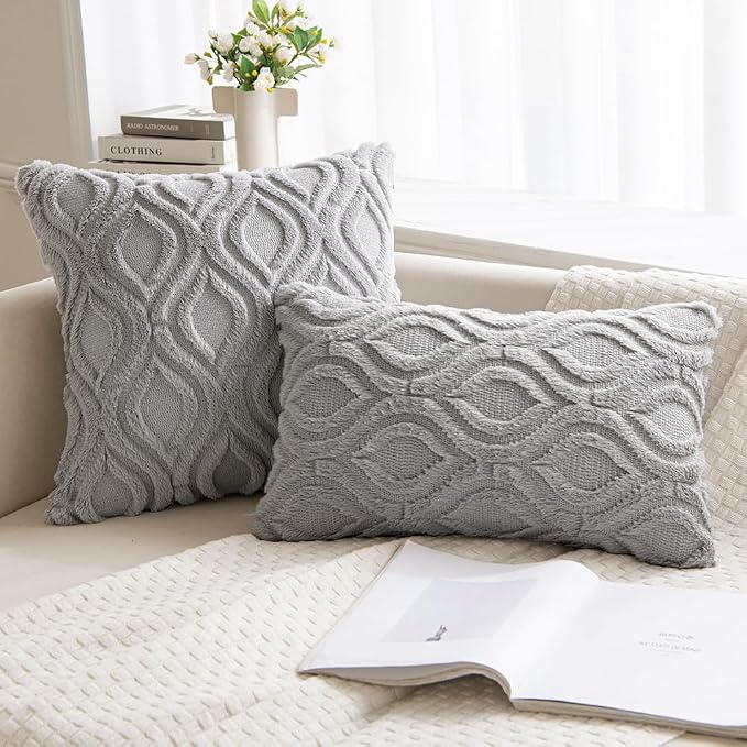 MIULEE Light Grey Soft Plush Faux Wool Throw Pillow Covers 20x20 | Set of 2, Farmhouse Boho Home Decor, Decorative Cushion Covers for Sofa, Living Room, Bed