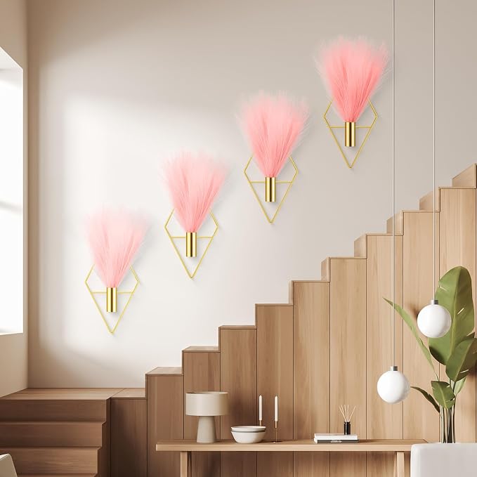Hanaive 4 Sets Boho Wall Decor Metal Wall Art Hanging Planters with Artificial Pampas Display Modern Home Vase for Bedroom Home Office(Sweet,Gold, Pink)
