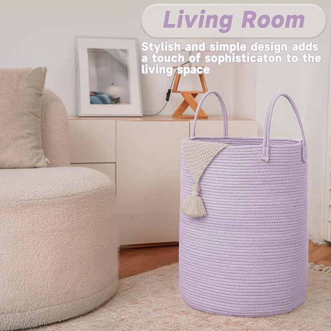 JMvicyroam 100L Cotton Rope Laundry Basket Hamper, Purple | Collapsible laundry basket, reinforced handles, freestanding, machine washable, holds 3-5 thick blankets, clothes or toys