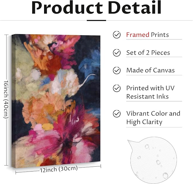 Colorful Abstract Wall Art Decor Modern Flower Canvas Wall Art Abstract Flower Pictures Painting Modern Colorful Artwork Posters Abstract Prints for Living Room Bedroom 12x16 Ready to Hang Set of 2