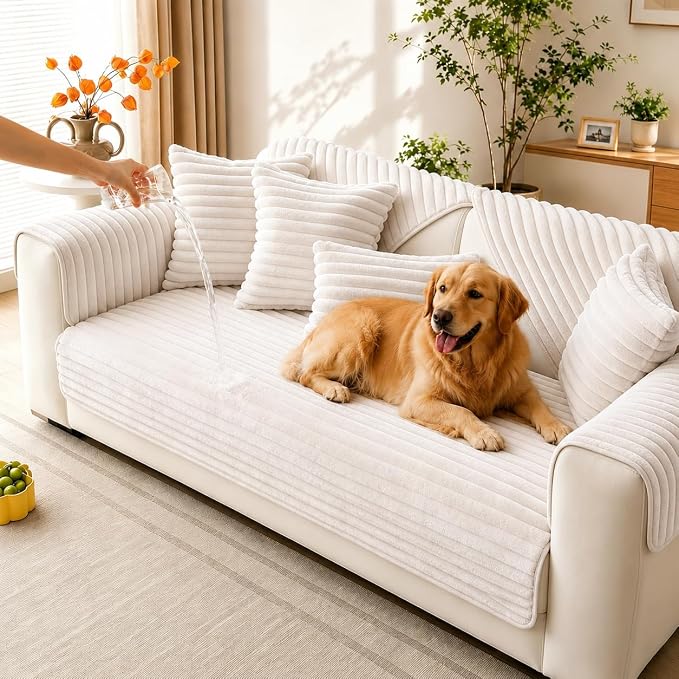 Waterproof Couch Cover for Dogs, Sofa Covers Washable & Non-Slip, Soft Dog Bed Blanket Protector for Sectional, Loveseat, Living Room Furniture (Creamy White, 35.43"x 82.7" 1 Pack)