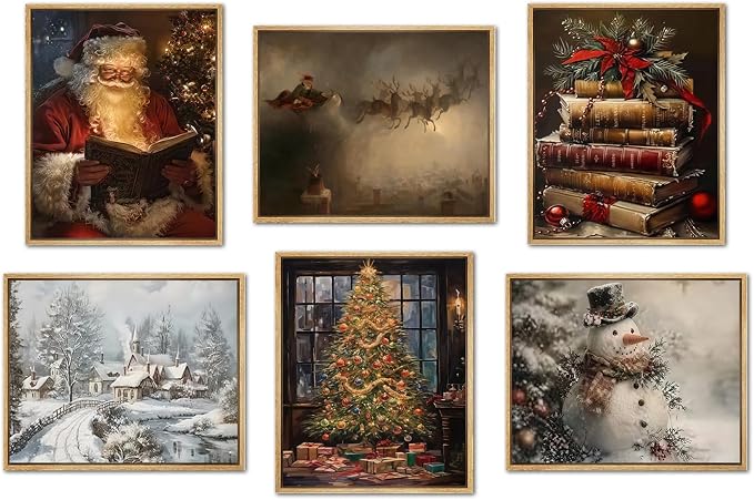 Vintage Christmas Santa Poster Set of 6, Santa Claus Pictures Wall Art Christmas Tree Wall Decor Painting Rustic Holiday Canvas Print Artwork for Living Room Farmhouse 12x16 inch Unframed