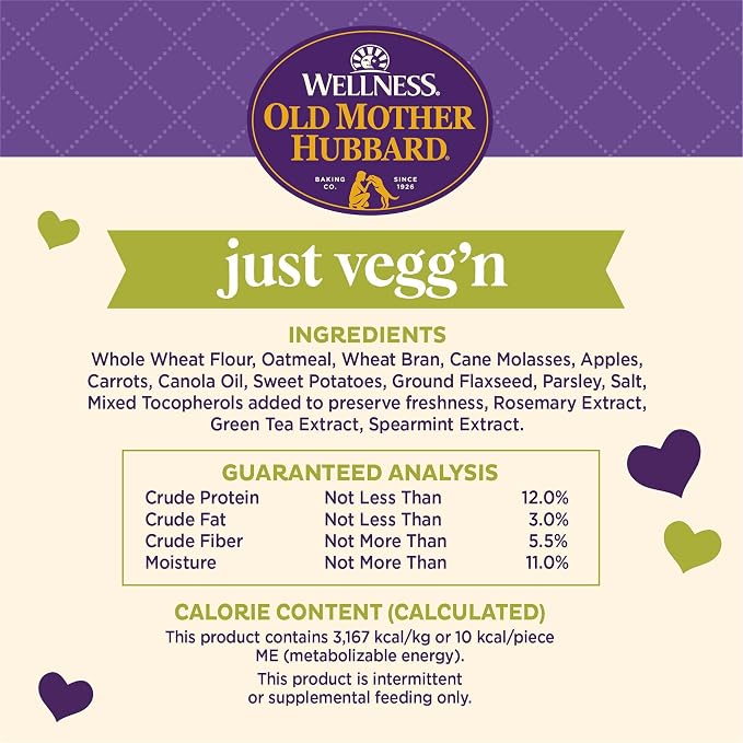 Old Mother Hubbard Wellness Classic Just Vegg'n Dog Biscuits, Natural Training Treats, Sweet Potato, Oats, Apple and Carrot Flavor, Mini Size, 20 oz Bag, (Pack of 2)