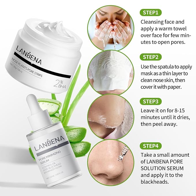 LANBENA Blackhead Remover Nose Pore Strips for Face, 2.0 Upgraded Deep Cleansing Peel off Mask Nose Strips Skincare for All Skin (1.06 Oz/30g) - 60pcs Strips (Aloe Pore Strips+Pore Serum)