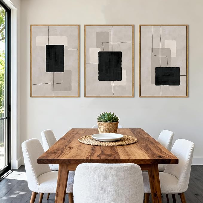 ANHUIB Modern Abstract Wall Art Canvas,Neutral Abstract Wall Art Framed,Contemporary Minimalist Prints,Geometric Line Artwork,3 Piece 24 * 36IN Mid Century Painting for Living Room Bedroom Office