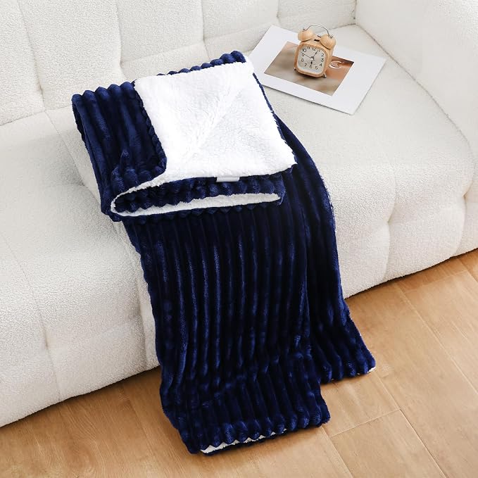 Navy Blue Sherpa Fleece Throw Blanket 90”×90”for Couch Sofa Bed | Double Side Soft Fuzzy Cozy Plush Thick Flannel Blanket with Striped Design Gift for Adults,Woman