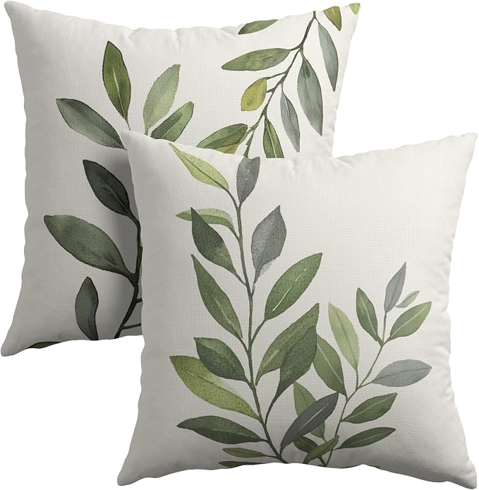 Kawani Green Leaf Throw Pillow Covers 20x20 in, Set of 2 Summer Spring Olive Leaves Outdoor Decorative Pillow Cases Cotton Linen Cushion Cover for Couch Bed Sofa Chair Car Seat Home Decor