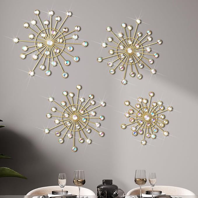 Blulu 4 Pcs Metal Wall Decor Bling Crystal Wall Art Cast Iron Rhinestones Sunburst Decor Starburst Art Hanging Diamond Accents Home Decorative for Living Room Bedroom Entryway(Colorful)