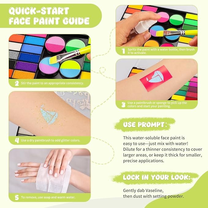 Pintada 44 Color Face Painting Kit for Kids - Non Toxic Water Activated Face Paint Palette with Stencils, Brushes, Gems & Glitter. Halloween, Carnival, Party; Costume Makeup for Creative Activities